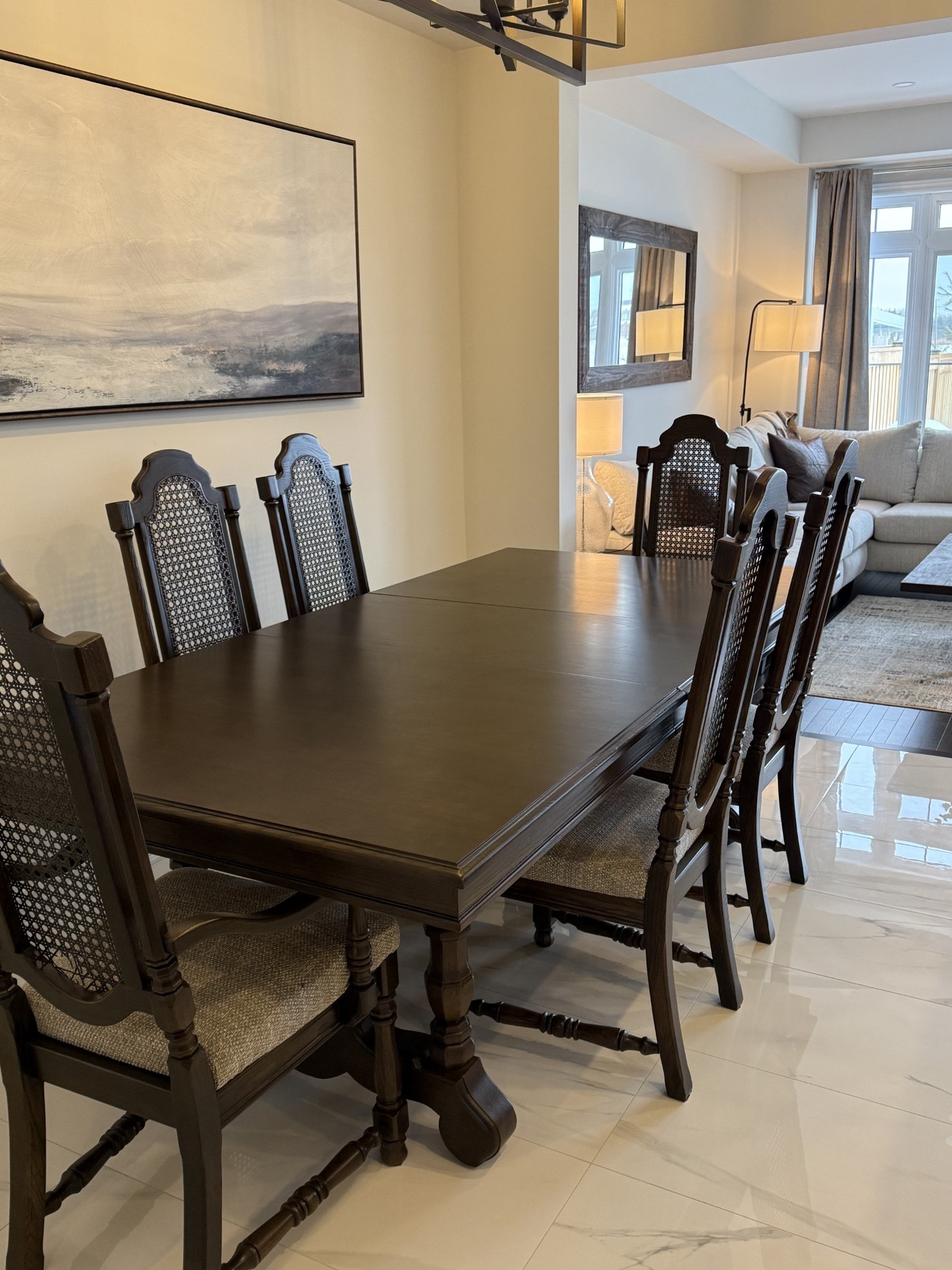 Modern dining room with dark wood table