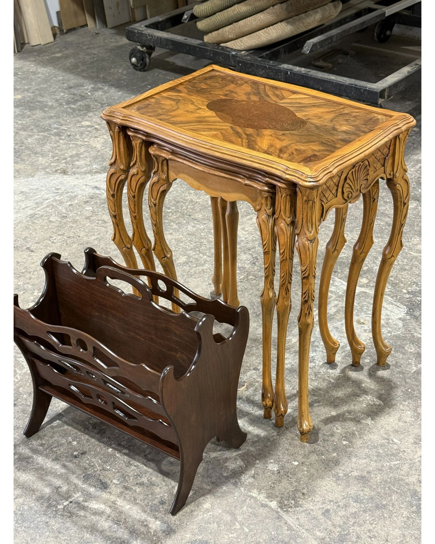 Ornate nesting table with marquetry design