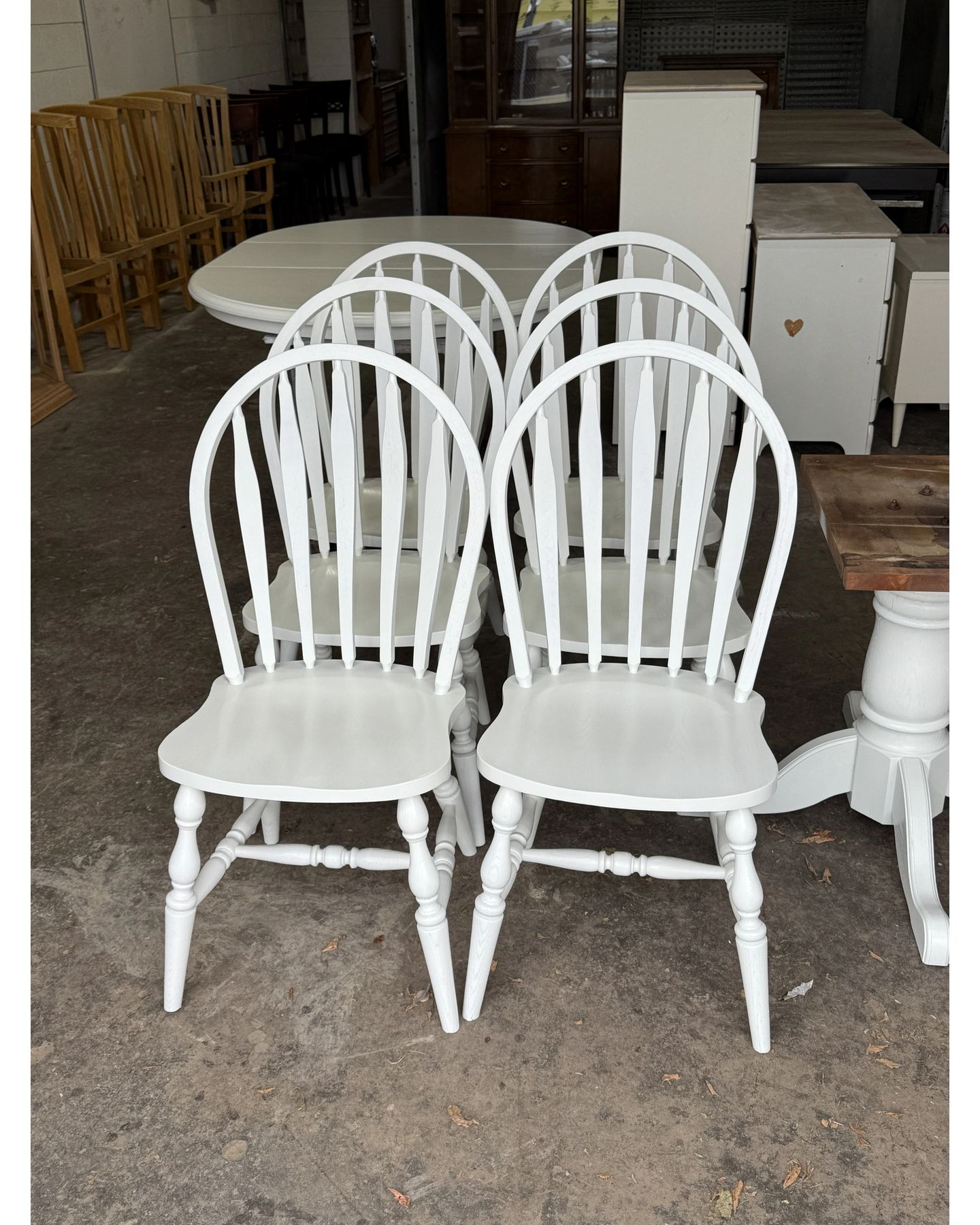 White Windsor-style dining chairs restored